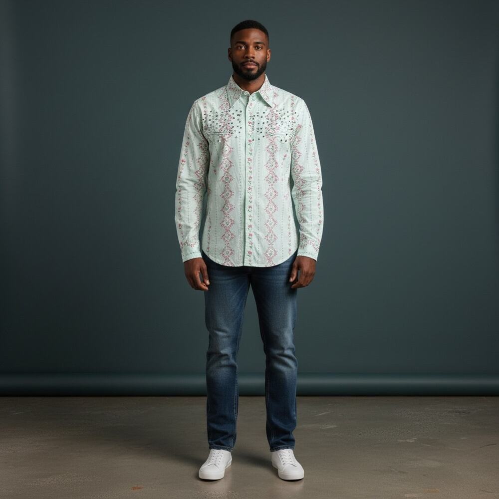 Custo Barcelona Men Shirt Floral Rhinestone Button Up Cotton Size S Y2K